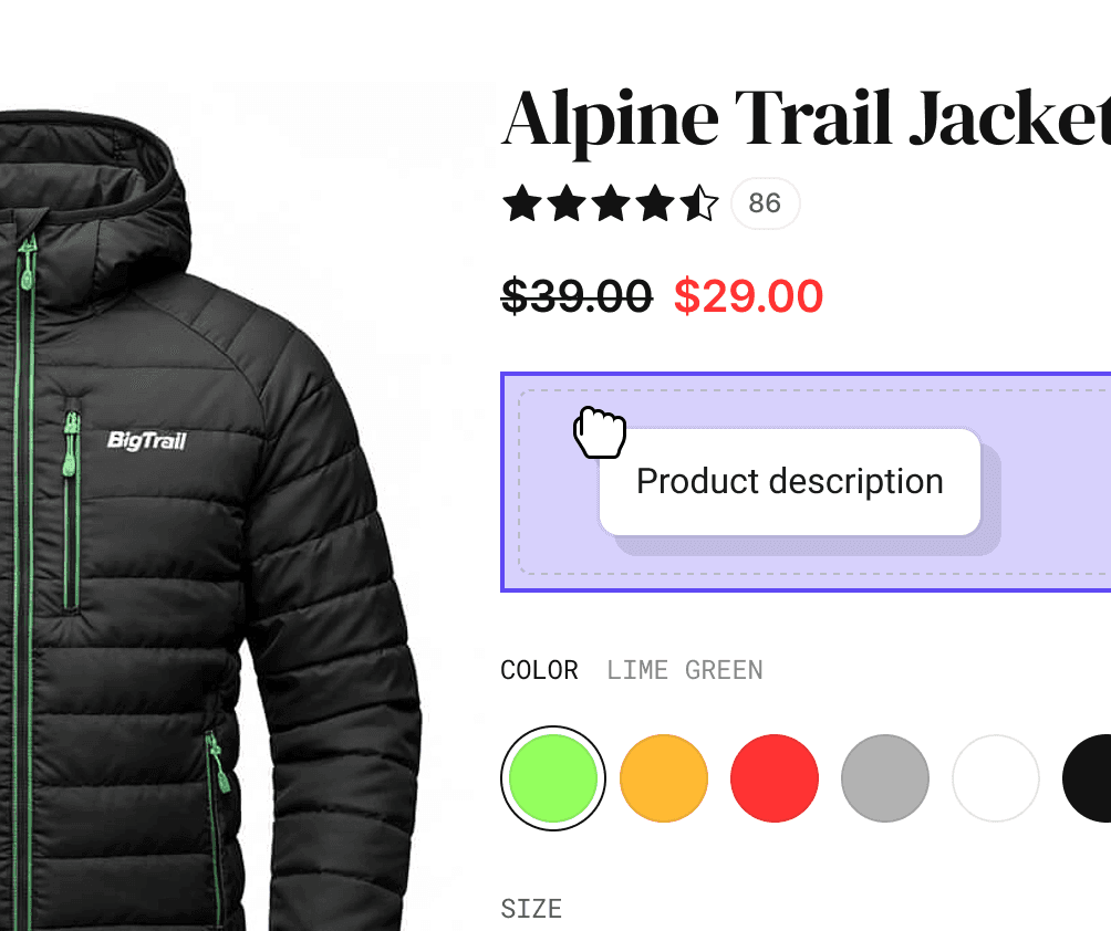 Product description page with editing enabled