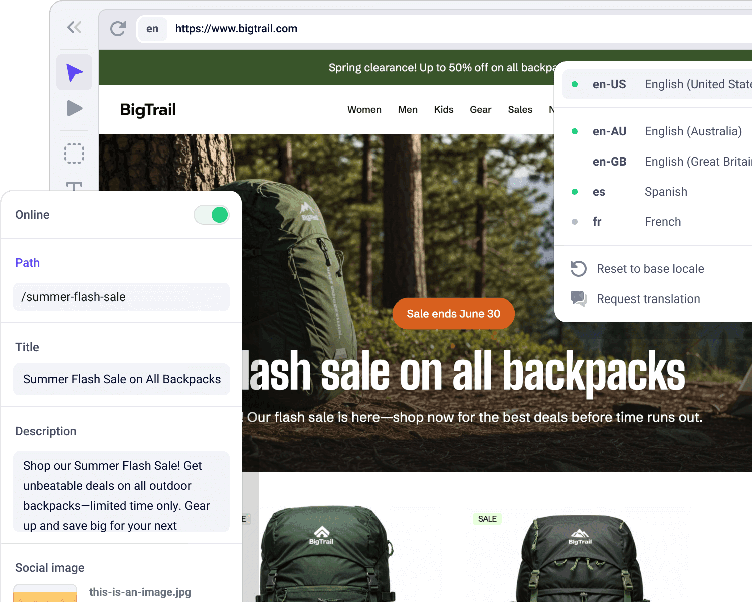 Makeswift builder displaying a landing page design with SEO and localization controls on top
