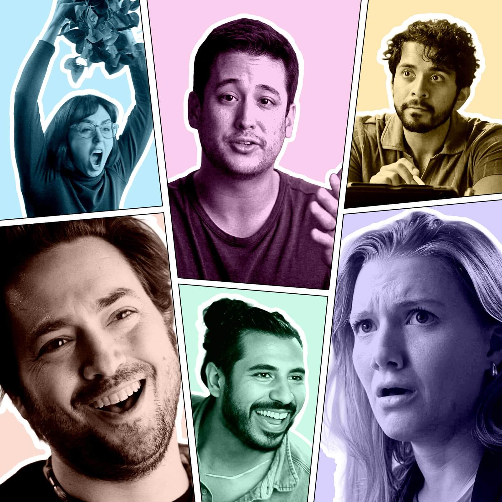 Stylized collage of six diverse people reacting with expressive faces, each in their own colorful comic-style panel with bold outlines and pastel backgrounds.